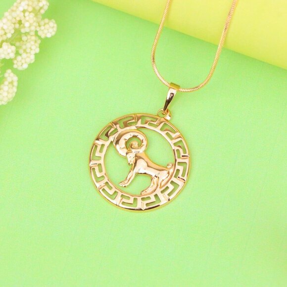 "Zodiac Ram Rose Gold Round Pendant in Geometric Border Design, XPPT1328 - Picture 6 of 13